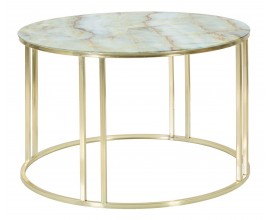 Designový art deco kulatý konferenční stolek Vertiano se skleněnou deskou s modrým mramorovým designem a zlatou podstavou 75 cm