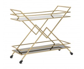 Designový glamour černě zlatý servírovací vozík Triangolo Oro se dvěma obdélníkovými policemi ze skla s konstrukcí z kovu ve zlaté barvě s geometrickým motivem trojúhelníků