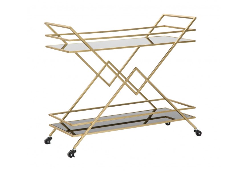 Designový glamour černě zlatý servírovací vozík Triangolo Oro se dvěma obdélníkovými policemi ze skla s konstrukcí z kovu ve zlaté barvě s geometrickým motivem trojúhelníků