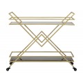 Designový art deco servírovací vozík Triangolo Oro se dvěma černými skleněnými policemi a zlatou kovovou konstrukcí 90 cm