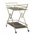 Designový art deco servírovací vozík Triangolo Oro se dvěma černými skleněnými policemi a zlatou kovovou konstrukcí 90 cm