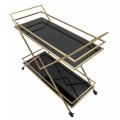 Designový art deco servírovací vozík Triangolo Oro se dvěma černými skleněnými policemi a zlatou kovovou konstrukcí 90 cm