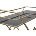 Designový art deco servírovací vozík Triangolo Oro se dvěma černými skleněnými policemi a zlatou kovovou konstrukcí 90 cm