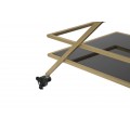 Designový art deco servírovací vozík Triangolo Oro se dvěma černými skleněnými policemi a zlatou kovovou konstrukcí 90 cm