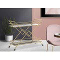 Designový art deco servírovací vozík Triangolo Oro se dvěma černými skleněnými policemi a zlatou kovovou konstrukcí 90 cm