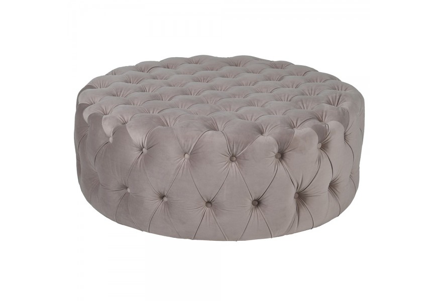 Luxusní chesterfield šedá taburetka Sadie s potahem ze sametu s dekorativním prošíváním s kulatými knoflíky kulatého tvaru bez nožiček
