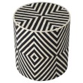 Luxusní art deco kulatá taburetka Daytona s geometrickou intarzií s kosočtvercovým vzorem v černé a bílé barvě 40 cm