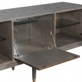 Art deco obdélníkový šedý masivní třídveřový příborník Quadria Gris se skleněnými policemi a bronzovými úchyty 193 cm