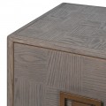 Art deco obdélníkový šedý masivní třídveřový příborník Quadria Gris se skleněnými policemi a bronzovými úchyty 193 cm