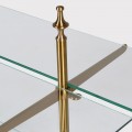 Art deco dvouúrovňový skleněný regál Auria s konstrukcí ze zlatého kovu a bílými mramorovými podstavci 90 cm