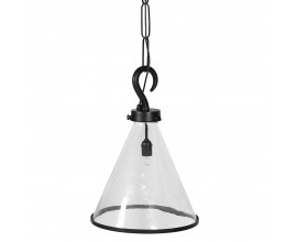 Designová skleněná závěsná lampa Olonnais s průhledným stínítkem kuželovitého tvaru s kovovým lemováním a závěsným mechanismem s designem háku na řetízku v černé barvě z kovu