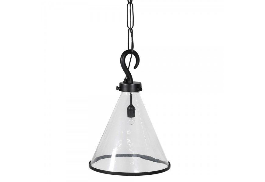 Designová skleněná závěsná lampa Olonnais s průhledným stínítkem kuželovitého tvaru s kovovým lemováním a závěsným mechanismem s designem háku na řetízku v černé barvě z kovu