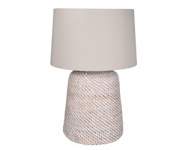 VIntage venkovská noční lampa Lini se stínítkem ze lnu ve válcovém tvaru v béžové barvě s nohou z ratanu ve světlých růžových odstínech s bílou barvou