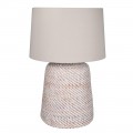 VIntage venkovská noční lampa Lini se stínítkem ze lnu ve válcovém tvaru v béžové barvě s nohou z ratanu ve světlých růžových odstínech s bílou barvou