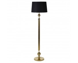 Glamour art deco stojací lampa Kelly se zlatou kovovou nohou s kulovitými tvary a drážkovaným válcem a černým stínítkem