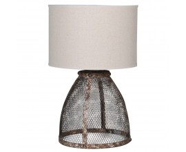 Designová vintage stolní lampa Crowy s nohou z tmavého kovu s hnědou rezavou patinou s mřížkovanou výplní a kulatým textilním stínítkem s příměsí lnu v bílé barvě