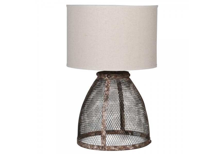 Designová vintage stolní lampa Crowy s nohou z tmavého kovu s hnědou rezavou patinou s mřížkovanou výplní a kulatým textilním stínítkem s příměsí lnu v bílé barvě