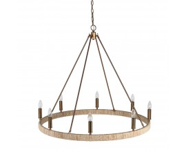 Luxusní designový lustr Corinth s kulatou konstrukcí s naturálním lněným detailem v béžové barvě s venkovským nádechem s osmi rameny s úchyty na žárovky na řetízku v mosazné lesklé barvě