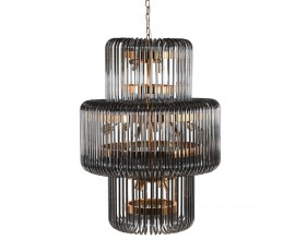 Luxusní moderní glamour kulatý lustr Fumié se stínítkem z ohýbaného skla s lineárním designem se třemi úrovněmi v šedé barvě a konstrukcí z kovu ve zlaté barvě s úchyty na 20 žárovek