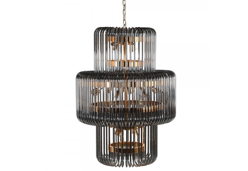 Luxusní moderní glamour kulatý lustr Fumié se stínítkem z ohýbaného skla s lineárním designem se třemi úrovněmi v šedé barvě a konstrukcí z kovu ve zlaté barvě s úchyty na 20 žárovek
