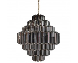 Luxusní art deco černý skleněný lustr Nocco se stínítkem ze skleněných trubic se sedmi úrovněmi a kovovou konstrukcí ve zlaté barvě na řetízku