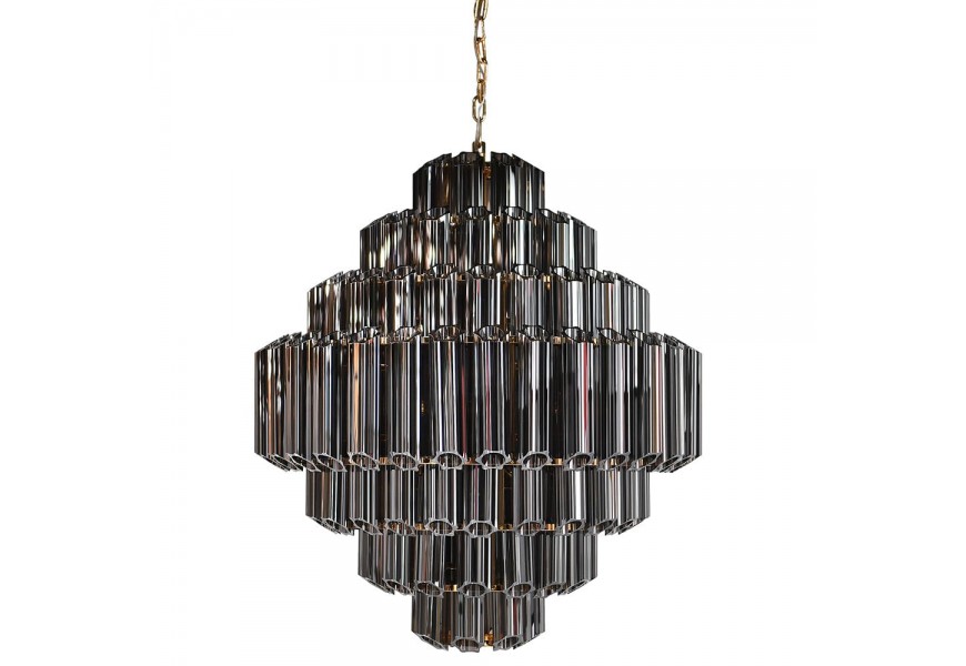 Luxusní art deco černý skleněný lustr Nocco se stínítkem ze skleněných trubic se sedmi úrovněmi a kovovou konstrukcí ve zlaté barvě na řetízku