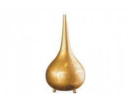 Designová stolní lampa Fatima v orientálním stylu kulatého tvaru z kovu ve zlaté barvě s orientálním perforovaným vzorem se třemi kulatými nožičkami