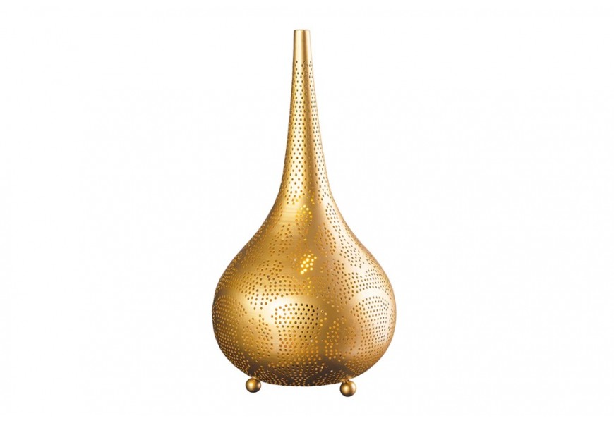 Designová stolní lampa Fatima v orientálním stylu kulatého tvaru z kovu ve zlaté barvě s orientálním perforovaným vzorem se třemi kulatými nožičkami