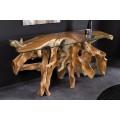 Luxusní masivní konzolový stolek Root s organickou nohou z hnědého teakového dřeva a skleněnou deskou 150 cm