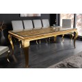 Luxusní designový obdélníkový jídelní stůl Gold Barock se zlatým kabriolovým nohama a masivní deskou se sklem 200 cm