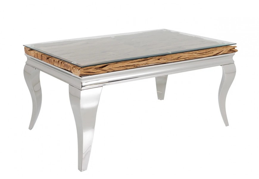 Luxusní moderní glamour konferenční stolek Modern Barock s obdélníkovou vrchní deskou z průhledného bezpečnostního skla a masivního teakového dřeva v hnědé barvě s výraznou strukturou s kovovou podstavou s klasickými kabriolovými nohami v lesklém chromovém provedení