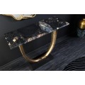 Art deco obdélníkový konzolový stolek Lorentia s černou deskou a ručně tvarovanou zlatou kovovou konstrukcí 79 cm