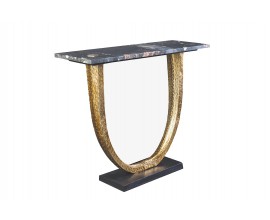 Art deco obdélníkový konzolový stolek Lorentia s černou deskou a ručně tvarovanou zlatou kovovou konstrukcí 79 cm
