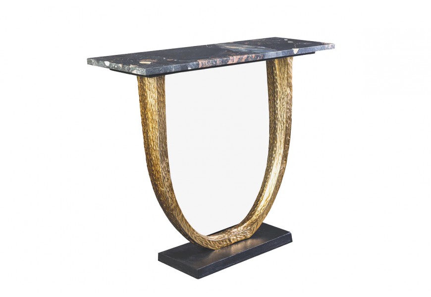 Art deco obdélníkový konzolový stolek Lorentia s černou deskou a ručně tvarovanou zlatou kovovou konstrukcí 79 cm
