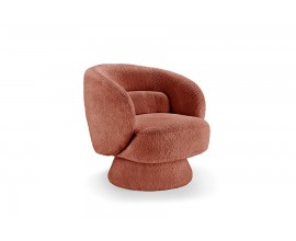 Stylové art deco kulaté otočné křeslo Elian v terakotové oranžové barvě s bouclé potahem v retro nádechu 76 cm