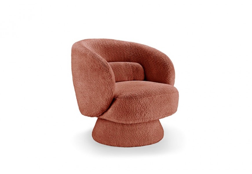 Stylové čalouněné glamour křeslo Elian s retro nádechem s otočným systémem v kulatém tvaru s bouclé potahem v terakotové oranžové barvě
