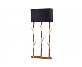 Stylová oválná zlatá vysoká stojací lampa Mervik s kovovou nohou a dřevěnými prvky s černým stínítkem 154 cm