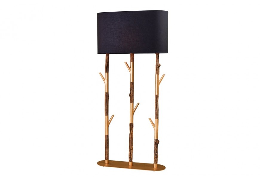 Stylová glamour stojací lampa Mervik s černě zlatým stínítkem ve válcovém tvaru se třemi kovovými nohami s dřevěným akcentem s podstavou