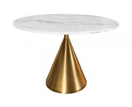 Moderní art deco mramorový kulatý bílý jídelní stůl Elina se zlatou kovovou kuželovou nohou 130 cm