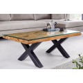 Designový moderní obdélníkový konferenční stolek Barracuda s hnědou teakovou a skleněnou deskou a černýma nohama 110 cm