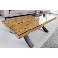Designový moderní obdélníkový konferenční stolek Barracuda s hnědou teakovou a skleněnou deskou a černýma nohama 110 cm