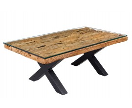 Designový moderní obdélníkový konferenční stolek Barracuda s hnědou teakovou a skleněnou deskou a černýma nohama 110 cm