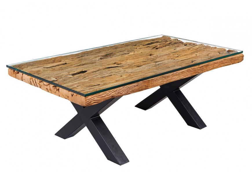 Designový moderní obdélníkový konferenční stolek Barracuda s hnědou teakovou a skleněnou deskou a černýma nohama 110 cm