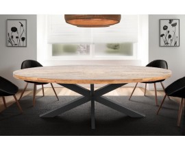 Masivní industriální oválný jídelní stůl Comedor se světlou hnědou mangovou deskou a překříženýma černýma nohama 240 cm