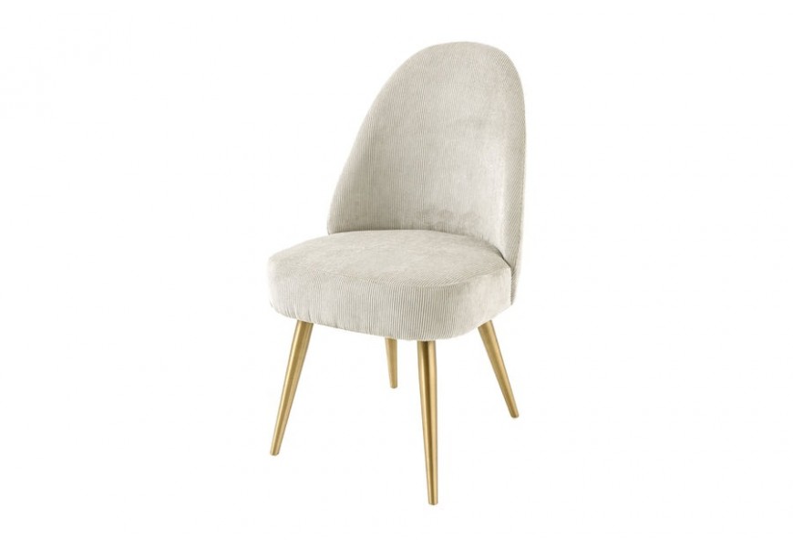 Designová glamour jídelní židle Jana s čalouněním a textilním vroubkovaným potahem v béžové barvě s nožičkami z kovu ve zlaté šampaňské barvě