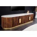 Luxusní art deco oválný čtyřdveřový TV stolek Gatsby z hnědého masivu s drážkovaným reliéfem a bílou mramorovou deskou 170 cm