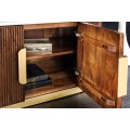 Luxusní art deco oválný čtyřdveřový TV stolek Gatsby z hnědého masivu s drážkovaným reliéfem a bílou mramorovou deskou 170 cm