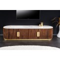 Luxusní art deco oválný čtyřdveřový TV stolek Gatsby z hnědého masivu s drážkovaným reliéfem a bílou mramorovou deskou 170 cm