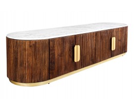 Luxusní art deco oválný čtyřdveřový TV stolek Gatsby z hnědého masivu s drážkovaným reliéfem a bílou mramorovou deskou 170 cm