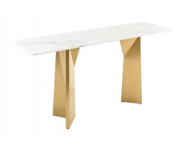 Luxusní mramorový konzolový stolek Hejdy s bílou deskou s šedým žilkováním a zlatýma nohama s geometrickým designem 140 cm